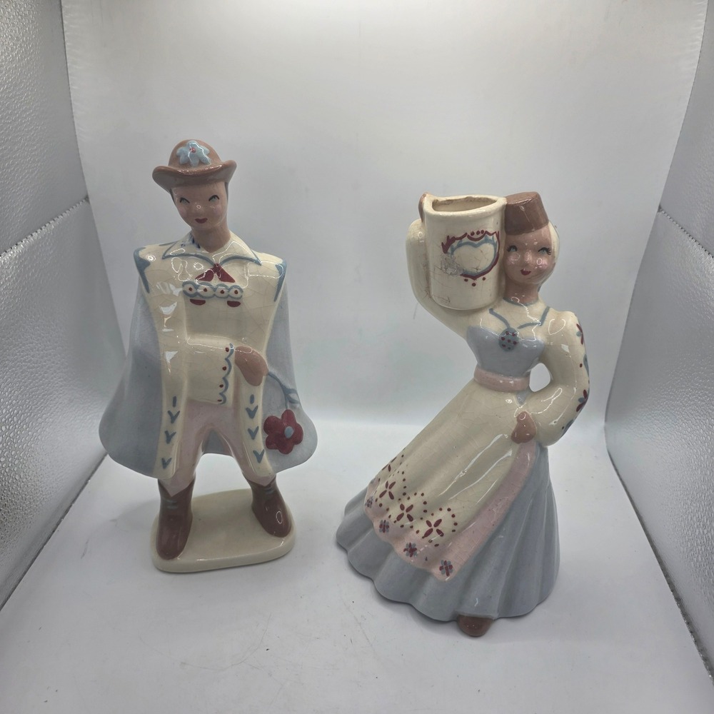 Vintage Yona California Pottery Figurines #19 #24 Man Woman Bud Vase Pair